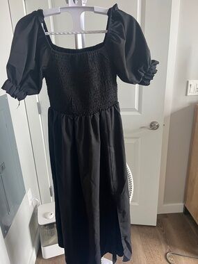 Black Puff-Sleeve Smocked Bodice Dress